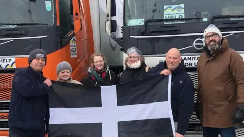 Wayne Fielder Truck drivers holding the Cornish flag
