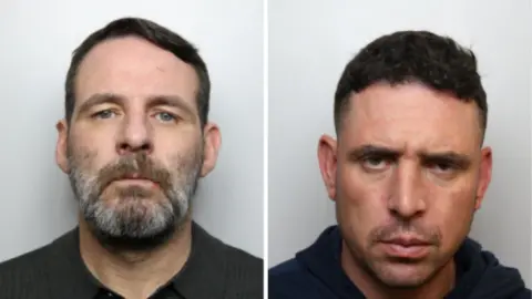 West Yorkshire Police Two custody pictures side by side. On the left, a man with dark hair and grey beard with blue eyes is wearing a black shirt. On the right, a man with dark hair and dark eyes wearing a dark blue hoody.