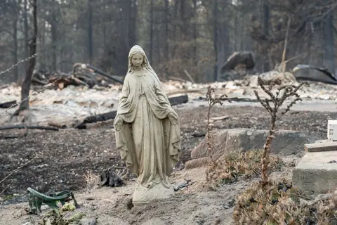 Getty Images A Virgin Mary statue stands alone amid a field of charred debris