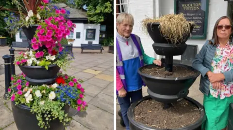 A before and after image of one of the beautiful pink flowers. In the after picture the soil is bare. Kerry and Viv are standing either side of the planter looking frustrated.