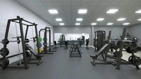 Warminster Sports Centre A computer generated image showing what the new gym looks like. It is a large room with dark grey padded flooring covering the weight lifting area. There are weight lifting equipment and barbells on a rack in the middle. The walls are a light grey with white overhead lighting.