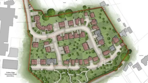 A computer generated image showing an overhead view of the proposed development. The homes are surrounded by trees and green spaces.