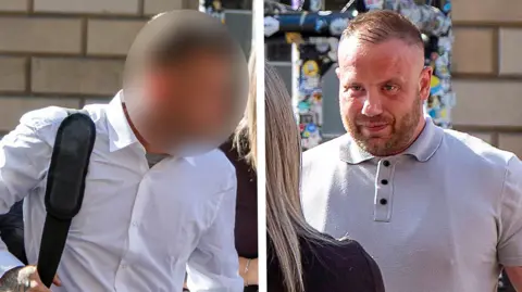 BBC Mark Davidson (whose face is blurred) and Ben Terry both have short hair and short beards. Davidson is wearing a white shirt with a grey T-shirt underneath and has a bag slung over his shoulder. Terry is wearing a grey polo shirt.