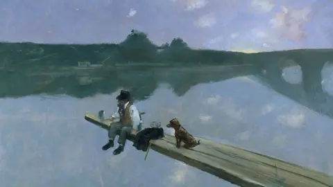 Courtesy of Cultural Services Southampton A painting showing a man sat on a long wooden walkway over water wearing a top hat with a dog and fishing equipment by his side an arched bridge spans the water behind him.