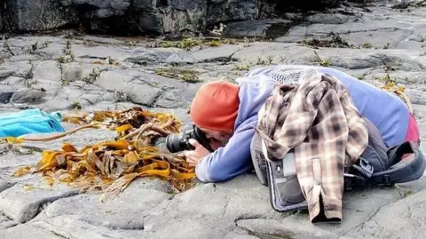 Durham Wildlife Trust A man is crouching down on a rocky bit of coast, taking picture of algae with a camera. He is wearing a lilac hoodie and orange beanie hat. 