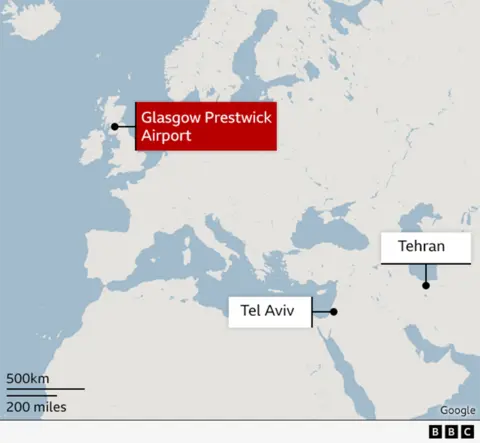 A scale map showing Glasgow Prestwick Airport, Tel Aviv and Tehran.
