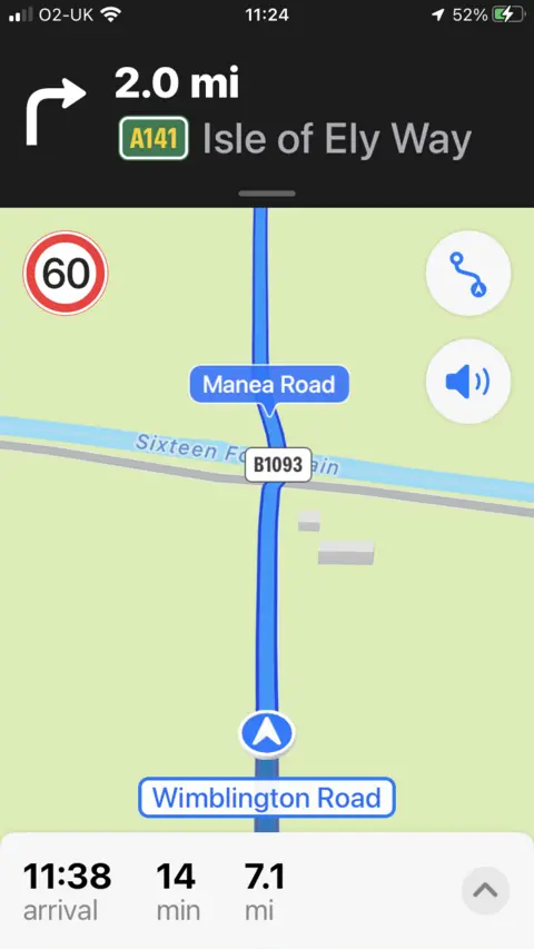 JOHN DEVINE/BBC Screen shot of a sat-nav on the B1093 showing the B1093 Wimblington Road crossing the Sixteen Foot Drain where it becomes the Manea Road. A 60mph sign is in the top left hand corner of the picture