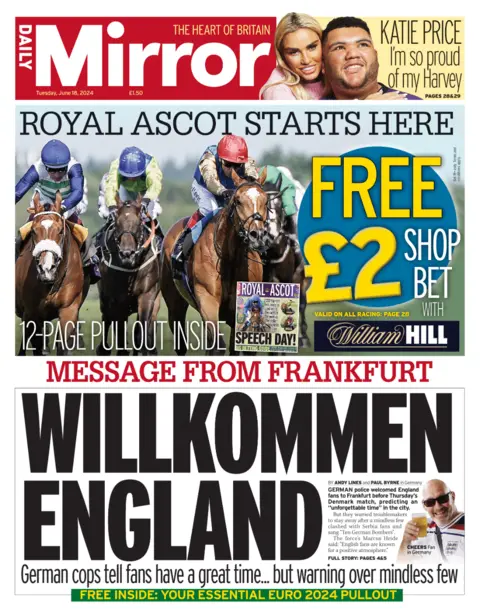 Daily Mirror The front page of the Daily Mirror, with a headline that reads "Willkommen England"