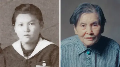 BBC/Minnow Films/Chieko Kiriake Two pictures of Chieko Kiriake placed side-by-side. The left-hand picture is black and white and shows her as a young girl with long dark hair tied back, wearing a uniform. In the right-hand picture she looks unsmiling at the camera with greying hair and a striped blouse.