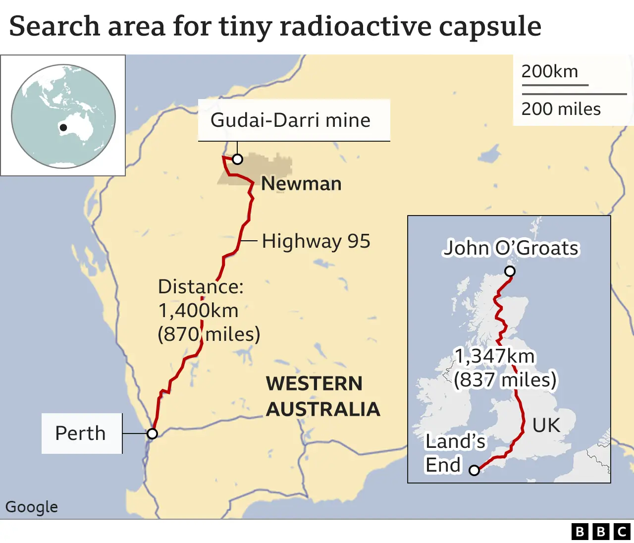 Map showing road route between Perth and Newton is further than Land's End to John O'Groats.