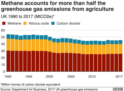 Chart showing that methane accounts for more than half the greenhouse gas emissions from UK farming.