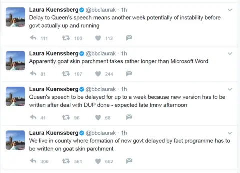 Twitter A series of tweets from @BBClauraK expressing disbelief, including one reading: "Apparently goat skin parchment takes rather longer than Microsoft Word"