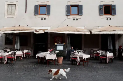 Reuters A dog walks past a restaurant that has a lot of empty tables