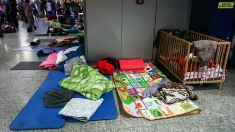 Getty Images Makeshift beds at Krakow station
