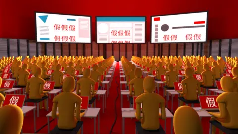 BBC Graphic of anonymous people at computers in front of giant screens