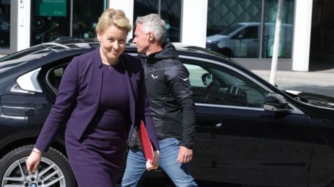 Berlin's state economy minister and former mayor of Berlin Franziska Giffey gets out of a car as she arrives to attend an event to promote solar energy, on May 8, 2024 in Berlin