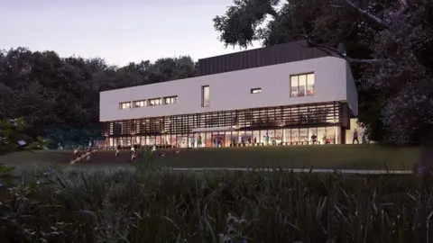 A CGI of how the museum will look after its redevelopment. The building is made of grey stone on its upper levels but is glass fronted below.