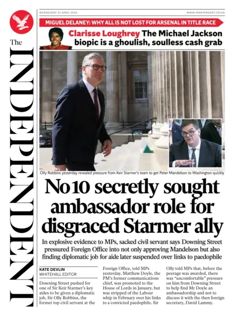"No 10 secretly sought ambassador role for disgraced Starmer ally" reads the headline on the front page of the Independent.