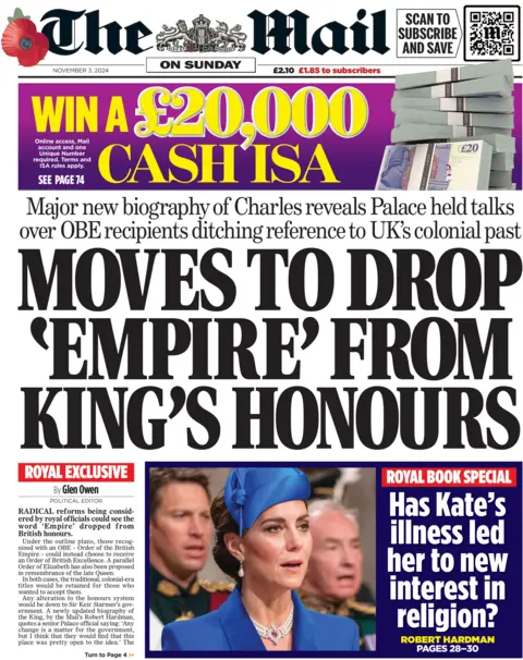 The front page of the Mail on Sunday. The headline reads: 'Moves to drop 'Empire' from King's Honours'. There's a photo of the Princess of Wales singing in a congregation, next to a separate story with the headline 'Has Kate's illness led to her new interest in religion?'