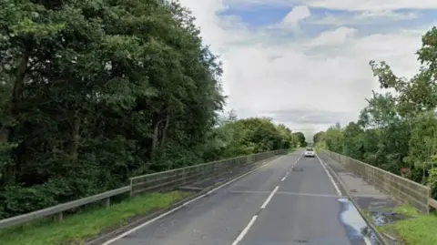 A road over a bridge, lined with crash barriers. There is greenery and trees on either side of the road, with a white car approaching the camera. 