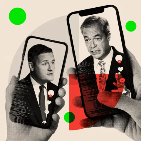 Getty Images Smartphones showing the faces of Health Secretary Wes Streeting and Reform UK leader Nigel Farage