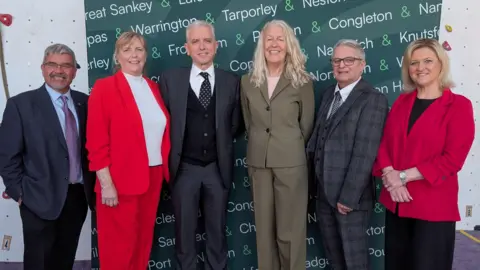 Left to right: Nick Mannion (leader, Cheshire East), Jean Flaherty (dep leader, Warrington), Michael Gorman (dep leader, Cheshire East), Louise Gittens (leader, Cheshire West and Chester), Hans Mundry (leader, Warrington) and Karen Shore (dep leader, Cheshire West and Chester).