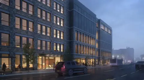 Wyyttavin An architects impression of plans for the development on Lord Street at night, which shows a tall building lit up inside with cars and a bus travelling past outside