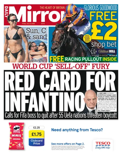 "Red card for Infantino," reads the headline on the front page of the Daily Mirror.