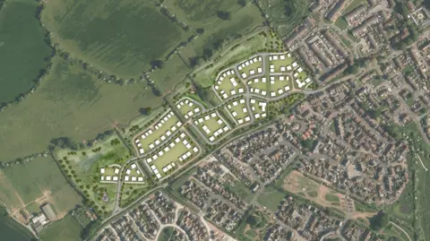 Artist impression of a new housing development. It is an aerial shot of land. Other residential areas can be seen by the earmarked site.