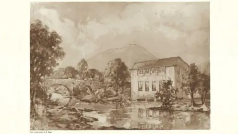 SSE Heritage  Illustration of a power station and a stone bridge over a river