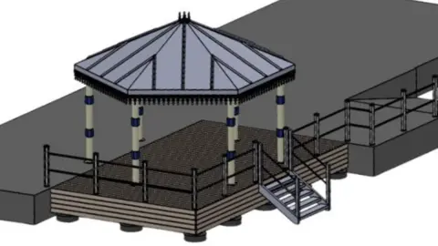 Weymouth Borough Council A greyscale computer generated image of how the new bandstand would look. The hexagonal structure stands on a platform over part of the beach with two pillars on the promenade and the remaining four on the platform.