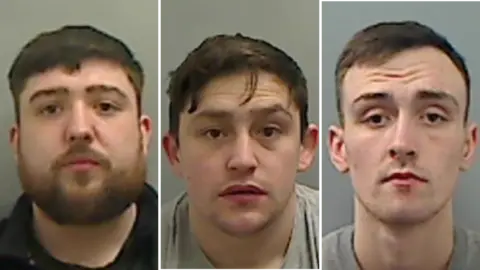 Cleveland Police Mugshots of Sidney Bashford, Oliver Connelly and Ryan Moore. Bashford has short dark hair and a thick ginger beard. Connelly is clean shaven with short dark hair falling over his forehead. Moore is younger with a pale complexion, faint stubble and and short dark hair.