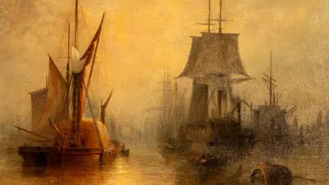 David Duggleby Auctioneers A painting with dark yellow, orange and brown tones depicting several boats surrounding each other with an abandoned barrel in the water at the front.