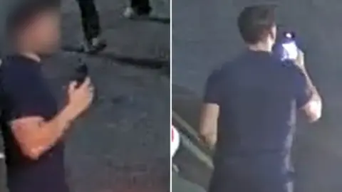 Two CCTV photos show the same person in a dark short‑sleeved shirt holding a smartphone. The left image captures a blurred side view with people in the background, while the right image shows the person from behind with the phone screen lit.