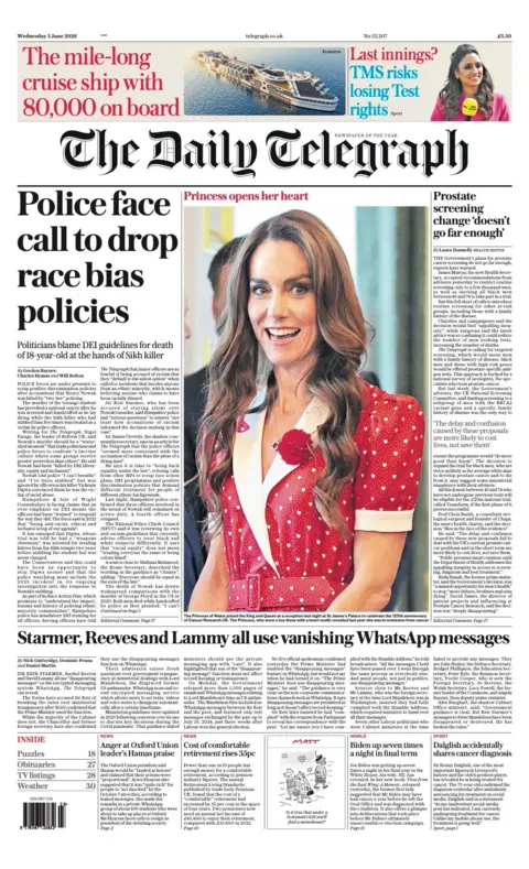 The headline on the front page of the Daily Telegraph reads: “Police face call to drop race bias policies”.