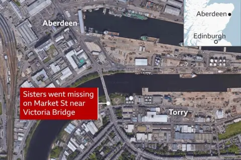 Google/BBC Aerial map showing river running through Aberdeen