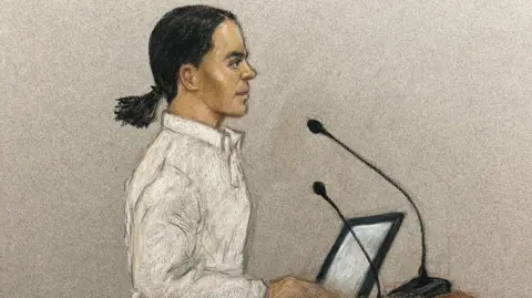 Julia Quenzler A court sketch of Samantha Kerr, who is wearing a white shirt and her hair is in a ponytail. 