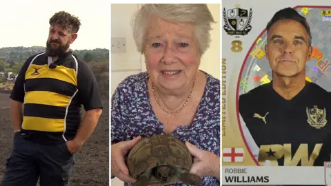Left to right - A man wearing a yellow and black top stands in a charred field with his hands in his pockets; in the middle, an older woman with white/grey hair and a blue floral dress is smiling and holding a small brown tortoise; right, A scattered arrangement of Panini football stickers, all of which feature Robbie Williams, a man wearing a black football top with brand logos and the letters RW in gold type on the front. 