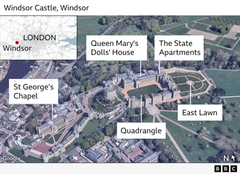 Aerial photo of Windsor Castle with an inset map locating it in relation to London. The image highlights areas of the castle that will be visited by Trump and Melania like the Quadrangle, the East Lawn, the State Apartments, St George's Chapel and Queen Mary's Dolls' House.