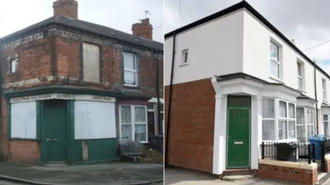 Before and after images of a corner-terrace property in Hull, which has been restored and brought back into use. On the left, the "before" image of a rundown former shop and flat. On the right, a fully restored, remodelled and freshly painted modern-looking house.