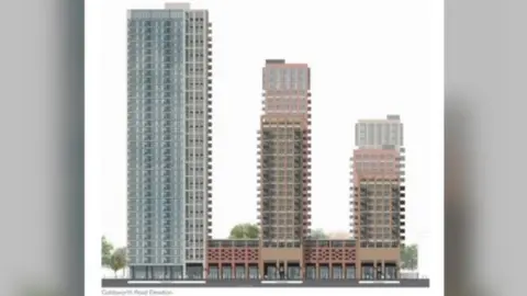 JTP Architects/Goldsworth Road Development LLP An architect's drawing of three tower blocks