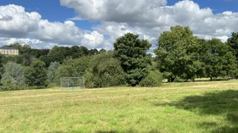 The former golf course with trees in the background