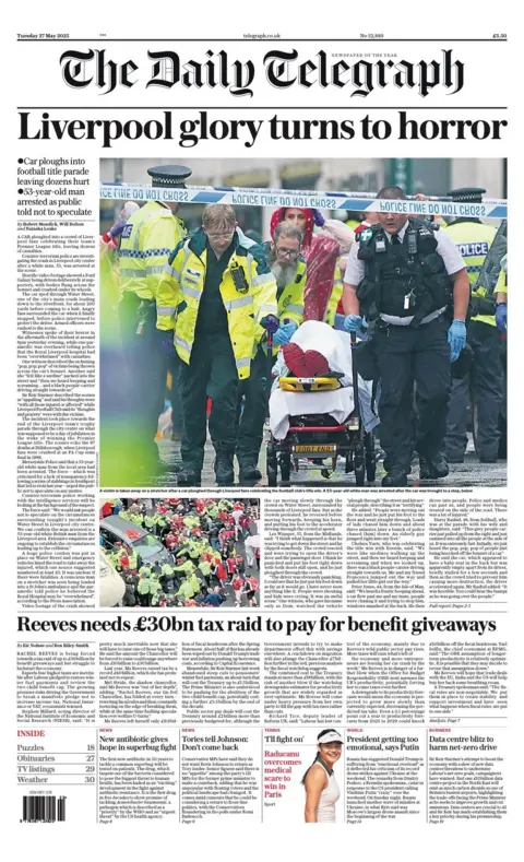 The headline on the front page of the Daily Telegraph reads: "Liverpool glory turns to horror".