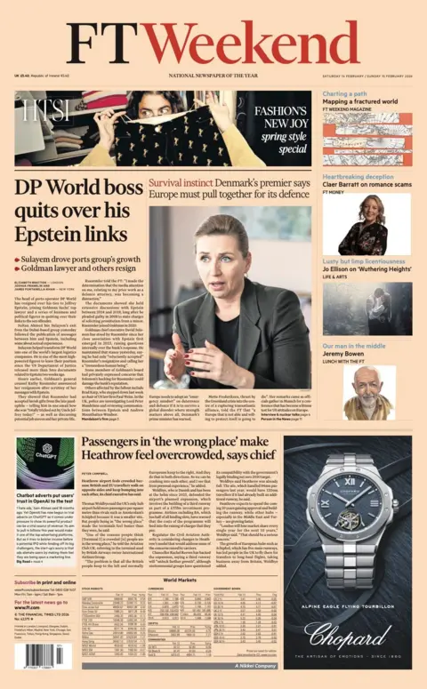 The headline on the front page of the Financial Times reads: “DP World boss quits over his Epstein links”.