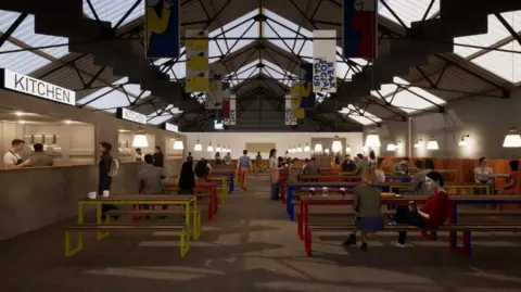 Whaleback Planning An illustration of the street food market in the open-plan warehouse which has dozens of benches with people sitting at them. To the left side there are rows of food stalls and above are several windows which let in light from the roof