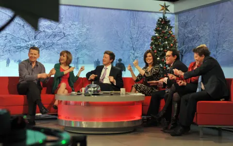 The presenters of the BBC programme Breakfast. From left: Bill Turnbull, Sian Williams, Charlie Stayt, Susanna Reid, Simon Jack (business), Carol Kirkwood (weather) and Mike Bushell (sport). 24/12/2010.