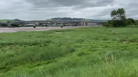 A view of a bridge in the Barnstaple area. There is a large grass area and the bridge over an estuary. 