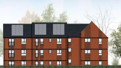 An architect's image of a three-story apartment block with brown brick and a black roof with solar panels on it. There are lots of small windows, and trees in the background