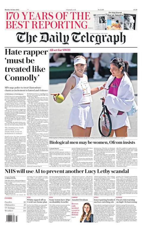 "Hate rapper 'must be treated like Connolly'" reads the headline on the front page of The Daily Telegraph.