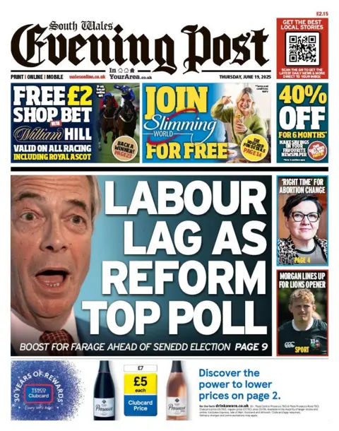 South Wales Evening Post Front page of the South Wales Evening Post with the main headline 'Labour lag as reform top poll' with an image of Nigel Farage. There is a sub headline underneath which reads 'Boost for Farage ahead of senedd election'. Other headlines read 'Right time for abortion change', 'Morgan lines up for lions opener'. There are adverts also for William Hill betting and Slimming World.